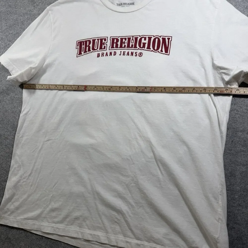 True Religion T Shirt Mens 3XL White Red Horseshoe Paint Logo Relaxed Fit Street
